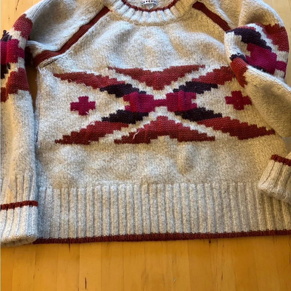 Smartwool Beige Crewneck Sweater with Burgundy & Pink Geometric Pattern - Picture 4 of 4